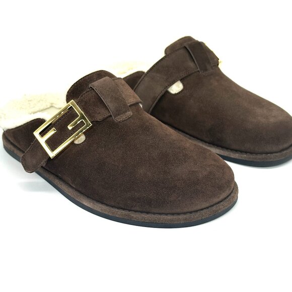 FENDI Feel FF Shearling  Buckled Sabots Mules Slides Flat Clog Sandals - Picture 9 of 16